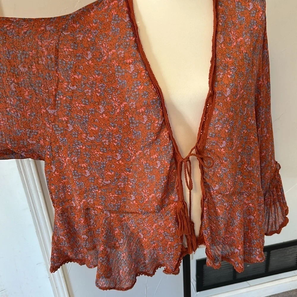 Free People LOLA Long Bell Floral Rust Open-Front Women's Top M